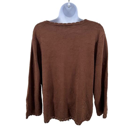 Pendleton Brown Floral 3/4 Sleeve Top Womens Large Jacquard Lace Trim Silk Blend - Picture 4 of 8
